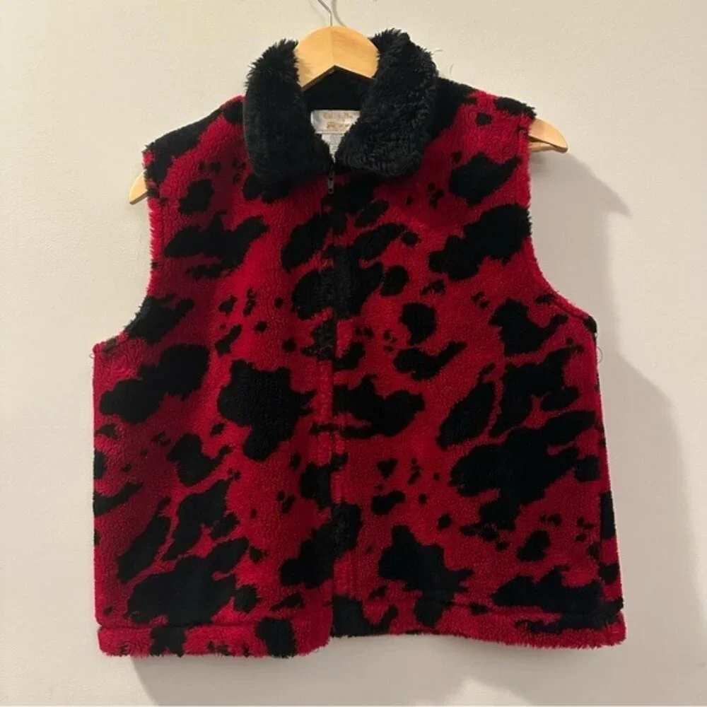 90s Tally-Ho Red Black Cow Print Vest Faux Fur Collar Y2K Retro Medium Petite